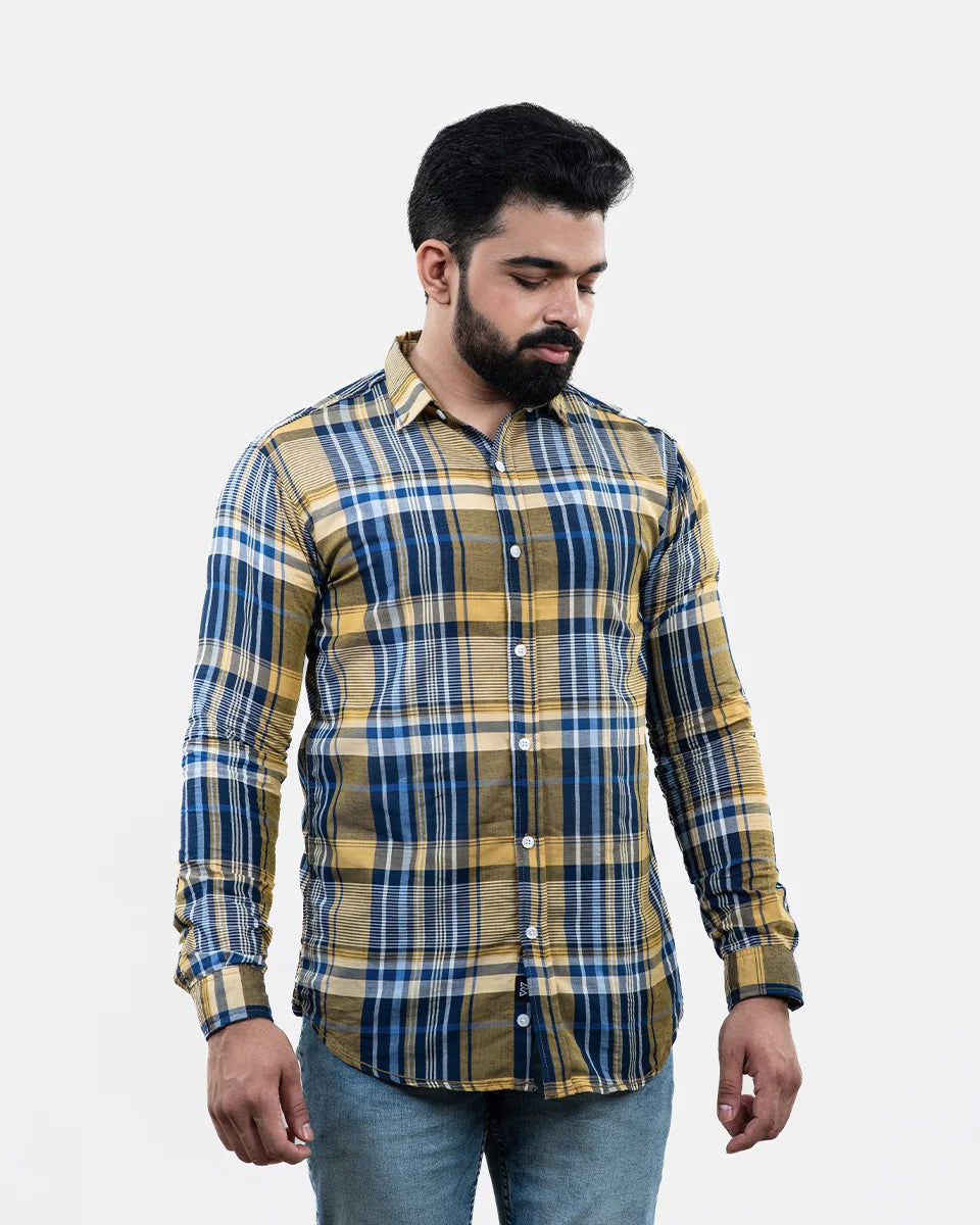 Blue Mustard Check Shirt Front