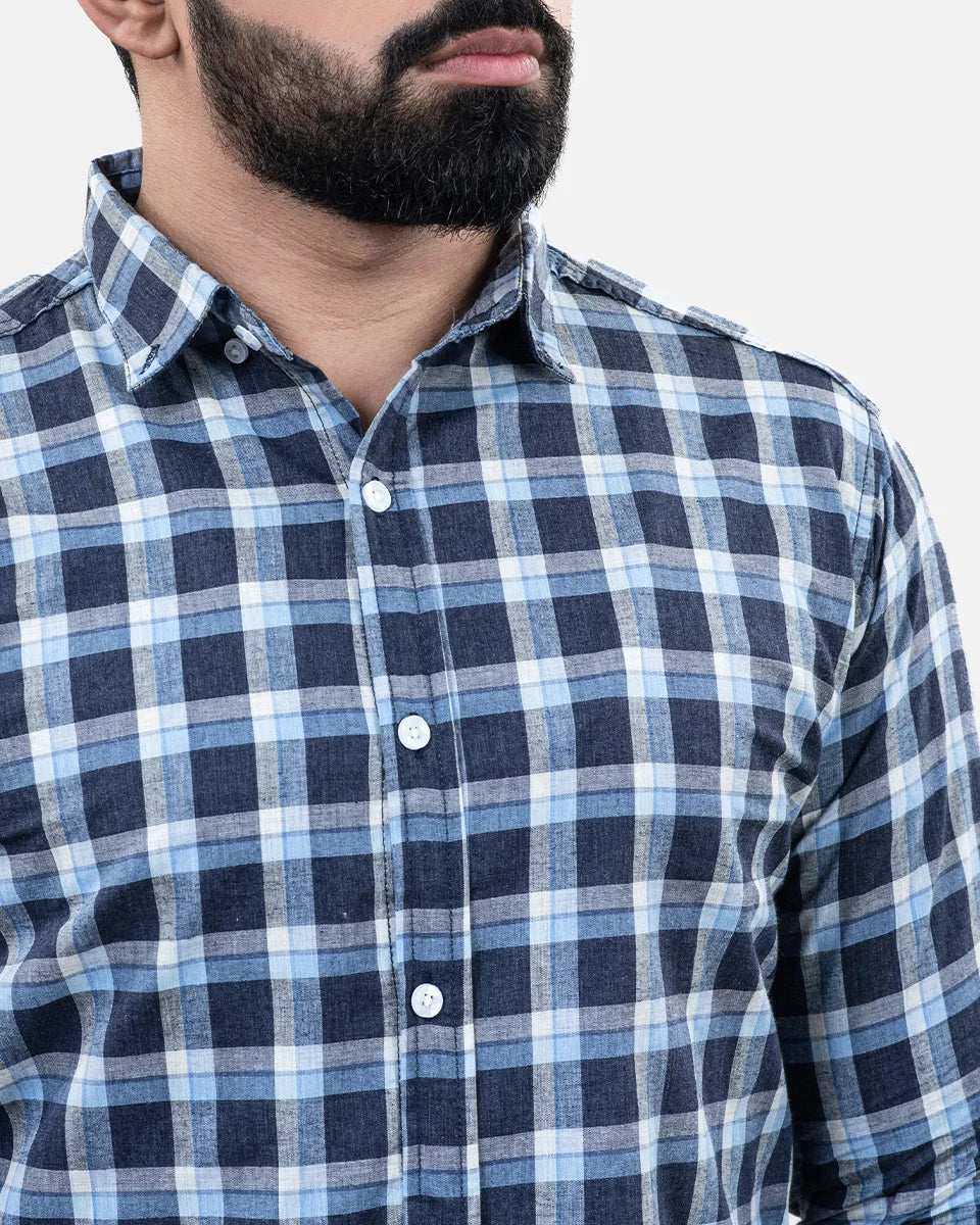 Dark Blue Check Shirt - Collar