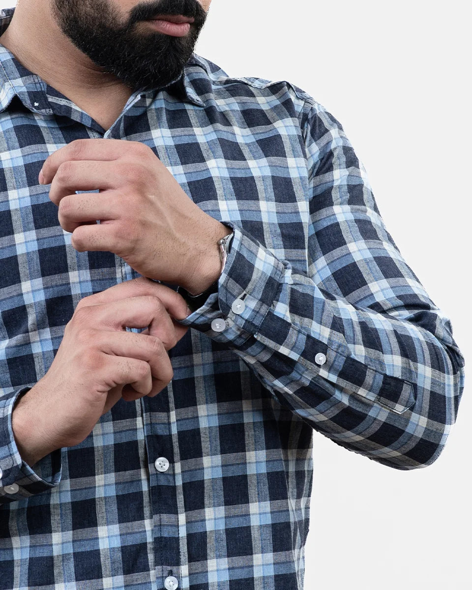 Dark Blue Check Shirt - Sleeve