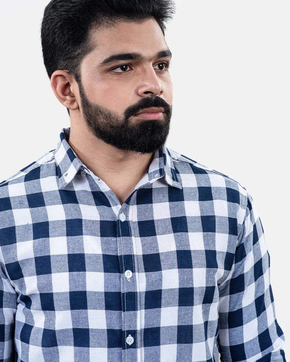 Navy Blue White Check Shirt - Collar