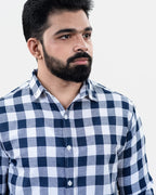Navy Blue White Check Shirt - Collar