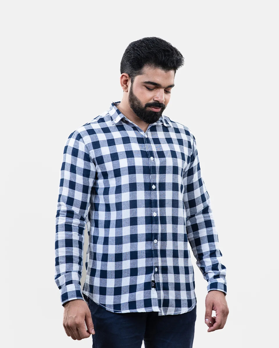 Navy Blue White Check Shirt Front