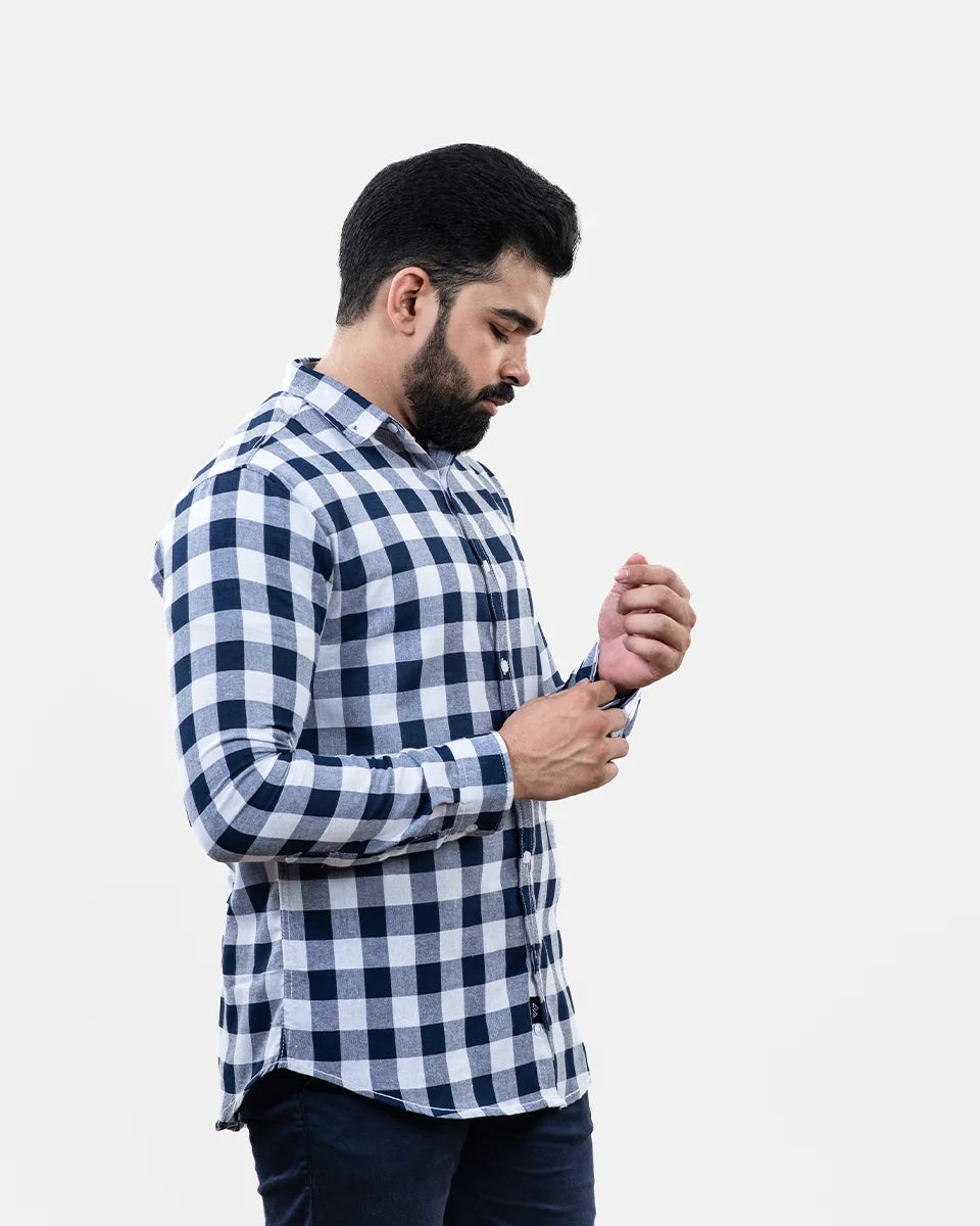 Navy Blue White Check Shirt - Side