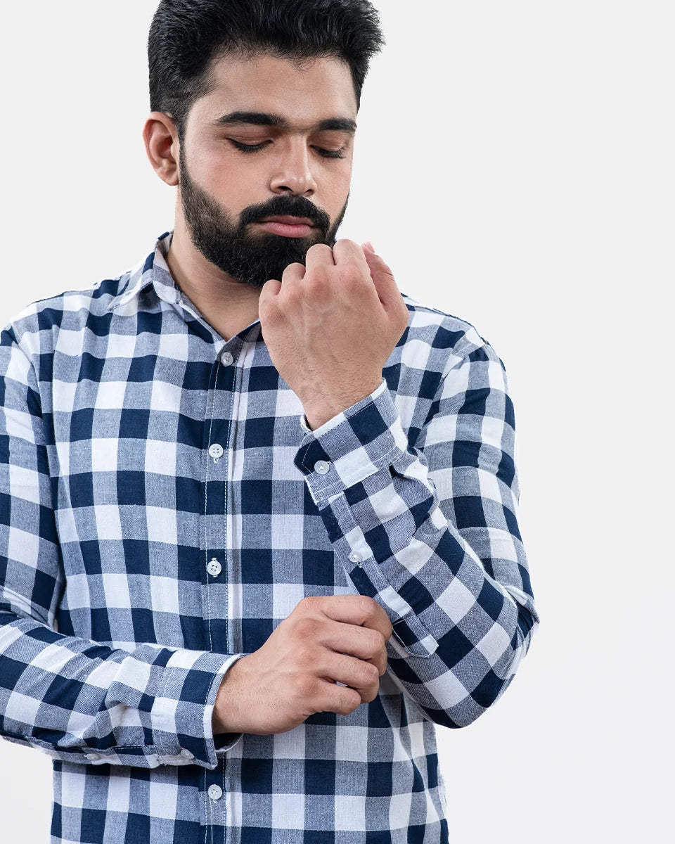 Navy Blue White Check Shirt - Sleeve
