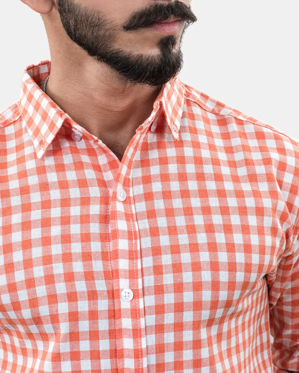 Orange Small Check Shirt - Collar- western wear brands in pakistan