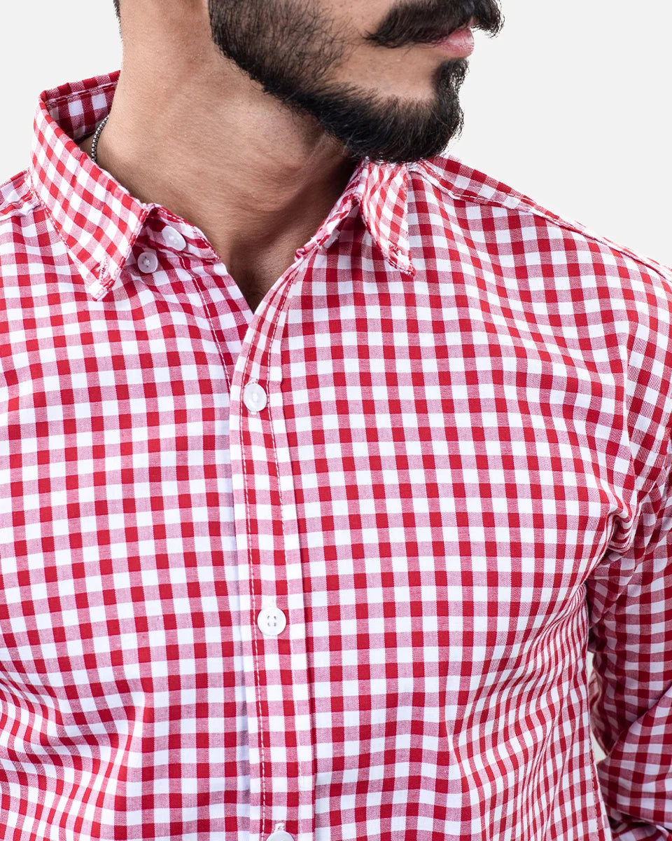 Red Small Check Shirt - Collar